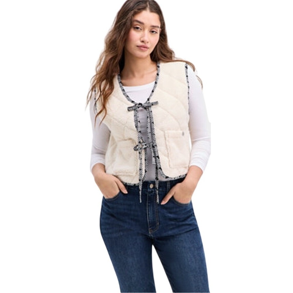 RV Rebel Veil Reversible Quilted Sherpa Gingham Butterfly Tie Vest Size M NWOT‎